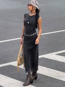 Muchica Women's Pleated Bodycon Midi Casual Black Sleeveless Dress,Business Casual Woman