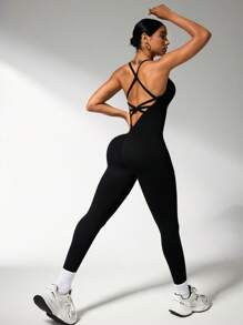 Slayoga Peto sencillo de unicolor con cruce en la parte trasera de la cintura para mujer, atuendo casual para gimnasio