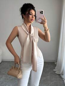 Elenzga New Satin Collar Slim Fit Sleeveless Women Tank Top - Champagne - View 3