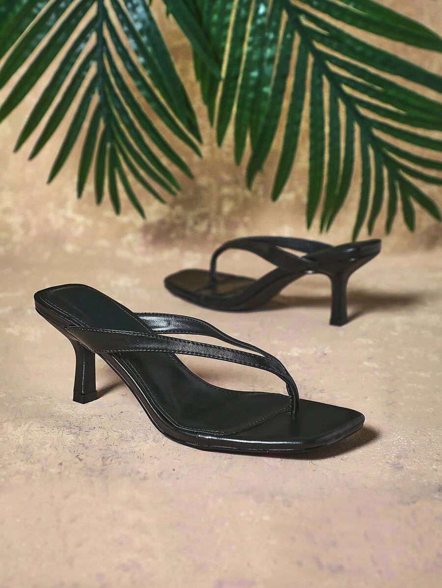 SHUZIA 女士时尚日常百搭人字拖高跟凉鞋 - 黑色 - 查看 1