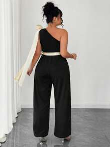 SHEIN Unity Plus Size Women One-Shoulder Bowknot Colorblock Tie Waist Jumpsuit, Slimming Straight Leg, Suitable For Work