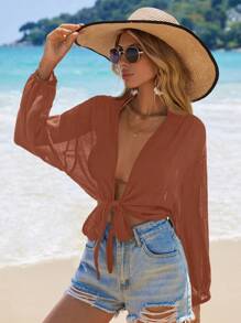 Swim Vcay 女式夏季度假前系带灯笼袖短款和服罩衫