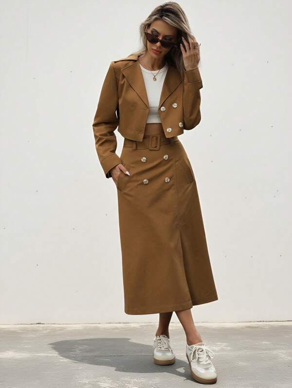 Aveloria Modichic Set de 2 piezas Mujer Blusa de manga larga con solapa cruzada + Falda A-Line con abertura de unicolor Elegante Casual de Negocios