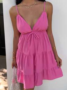 SHEIN EZwear Váy dệt cổ chữ V không tay, mùa hè - Màu Hồng Tươi - Xem 3