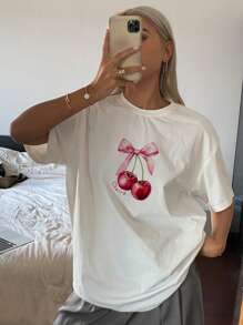 DAZY 女士圆领短袖樱桃印花简约 T 恤，休闲日常穿着 Y2k 可爱上衣超大 T 恤，图案 T 恤