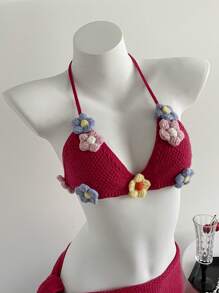 Elamini 2pcs Set Floral 3D Sweater, Vacation Style, Sexy