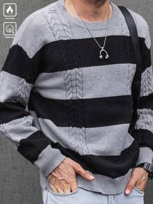 Manfinity Homme 男士宽松条纹圆领长袖休闲拼色套头毛衣，秋冬，工作装，丈夫装 - 黑色 - 查看 5