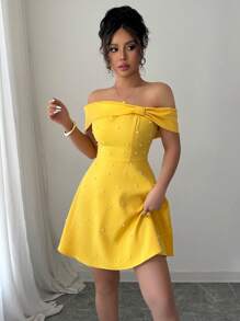 Elenzga 1件优雅露肩黄色短款连衣裙 - 黃色 - 查看 3