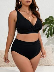 SHEIN Swim Curve Plus Size 2pcs Solid V-Neck Top And High Waist Shorts Women Summer Resort Bikini Set Sets - Black - View 3