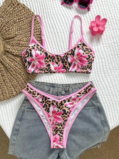 Swim Mod 2st slumpmässigt tryckt sexig spaghettirem för kvinnor med hög skuren bikiniset, sommarbadkläder