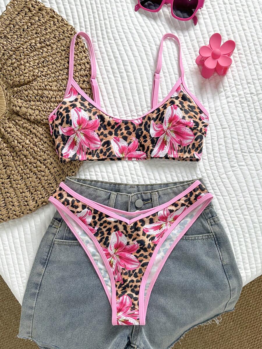 Swim Mod 2pcs Women's Random Printed Sexy Spaghetti Strap High Cut Bikini Set, Summer Swimwear - Multicolor - View 1