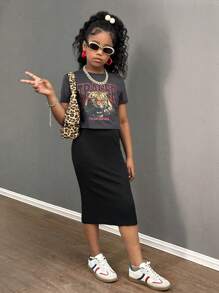 SHEIN Tween Girls Knit Crew Neck Short Sleeve Top And Solid Color Skirt 2-Piece Set - Multicolor - View 5