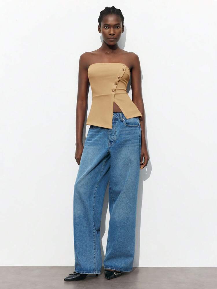 SHEIN Maija 2025 Summer New Brown Crop Top, Asymmetrical Cutting, Metal Button Decor, Thigh-High Slit Design, Women Business Casual Top, Suitable For Daily, Resort, Wedding Guest, Concert, Brunch, Airport, 90s Vintage, Stockholm Style, July 4th