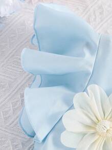 Tween Girls' Light Blue Casual Romper With White 3D Flower Decor, Stylish Ruffle Sleeve Design, For Outings & Gatherings, Suitable For Spring, Summer, Autumn - Baby Blue - View 8