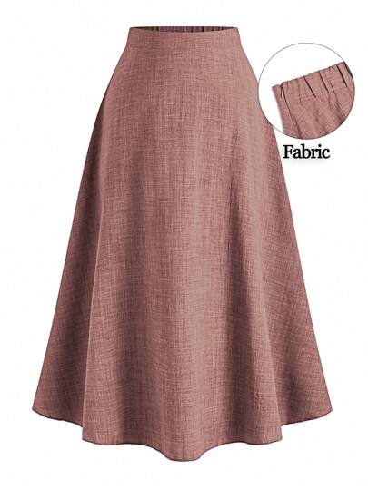 Rometta Plus Size Women's A-Line Flared Grey Midi Linen Skirt, Elegant Casual Spring