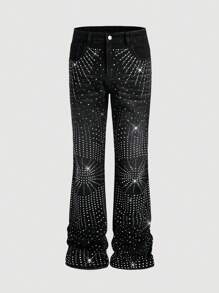 ROMWE MEN Street Life Men's Rhinestone Embellished Layered Flared Leg Jeans - Black - View 1