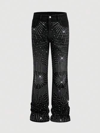 ROMWE Avant Men's Rhinestone Embellished Layered Flared Leg Jeans