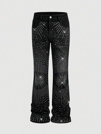 ROMWE Avant Jeans acampanados de hombre con aplicaciones de cristal rhinestone en capas