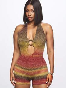 Slaydiva 新款大地色棕色镂空装饰圆形吊带紧身针织连体短裤，休闲度假风，春夏