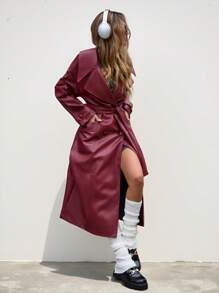 Chiquease Fashionable Wine Red PU Leather Lapel Long Sleeve Jacket For Women, Autumn Holiday Party Clothes  Fall Cloth For Women - Burgundy - View 3