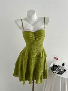 SHEIN Unity Spaghetti Strap Patchwork Lace Trim Dress, Simple & Stylish, Suitable For Summer - Green - View 6