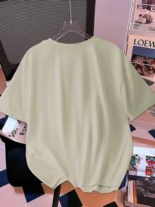 Franclia Fashionable Crew Neck Bubble Pearl White Short Sleeve T-Shirt, Summer Top - Olive Green - View 2