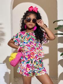 2pcs/Set Tween Girls Casual Vacation Outfits: Round Neck Short Cap Sleeve Top And Lace Trim Shorts, Suitable For Beach Vacation - Hot Pink - View 3