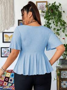 SHEIN MOOSTA Plus Size V-Neck Ruffle Sleeve Elegant Solid Color Short Sleeve T-Shirt, Summer - Blue - View 2