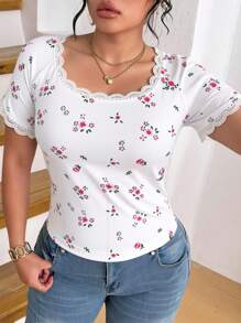 INAWLY Plus Size Women's Ditsy Floral Lace Trim Pink T-Shirt, Fashionable For Summer - White - View 3