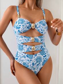 Swim Chiccia 女士花卉印花镂空细肩带连体泳衣，夏季海滩/度假 - 彩色 - 查看 1