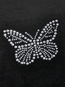 INAWLY Women's Fashionable Versatile Butterfly Rhinestone Decor Short Sleeve T-Shirt, Suitable For Summer - Black - View 7