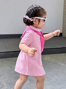 2pcs/Set Baby Girl Cozy Casual Versatile Cute Pink & White Striped Short Sleeve Shirt Dress With Shawl Outfit, Suitable For Indoor, Outdoor, Daily, Sports, Play, Party, Photography, Holiday, Festivals, Spring/Summer