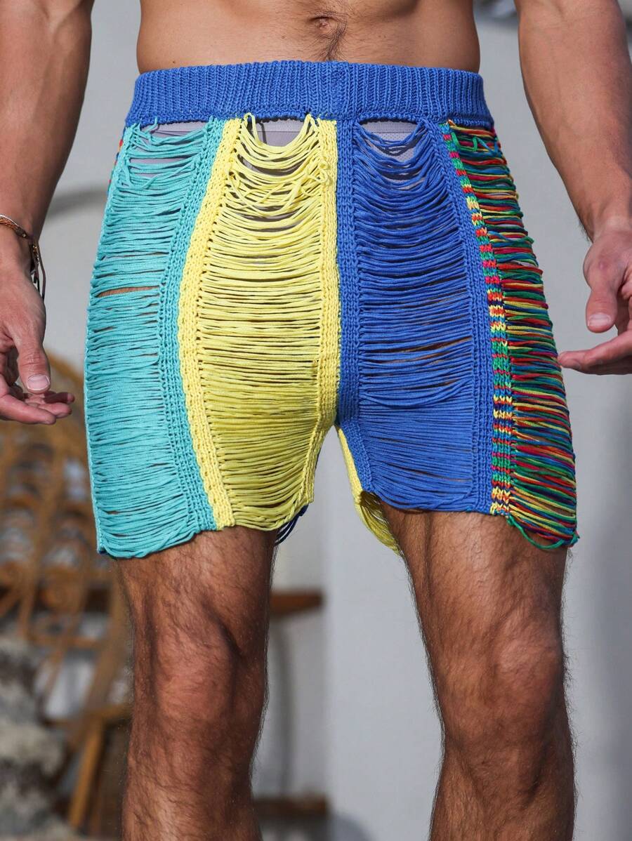 Manfinity Swimmode Pantalones cortos con bloques de color y flecos para hombres para vacaciones - Multicolor - Ver 1