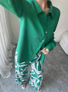 SHEIN LUNE Button Through Shirt & Allover Print Wide Leg Trousers - Multicolor - View 6