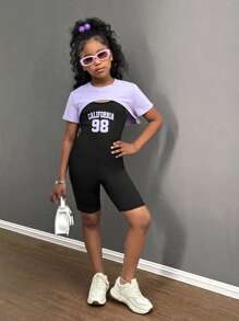 SHEIN Tween Girls Loose Short T-Shirt + Tight Jumpsuit 2pcs Set, Number Printed, Casual Daily Wear