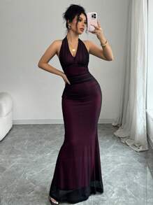 Rafferiza Đầm lưới đan xếp ly cổ chữ V ôm sát cơ thể thanh lịch có viền màu đỏ hồng dành cho nữ, mùa thu/đông - Nhiều màu - Xem 3