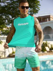 Manfinity Swimmode Set de 2 piezas de traje de baño de verano para hombre con top tipo tank y shorts estampados con letras, estilo hawaiano