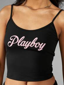 Missguided x Playboy Top de tirantes con logo Y2K Estética Top corto sin mangas deportivo Ropa de calle de verano Primavera Festival Club de baile Fiesta Gimnasio Salón - Negro - Ver 5