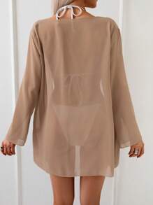 Swim Vcay Kimono transparente de color liso para vacaciones en la playa - Caqui - Ver 2