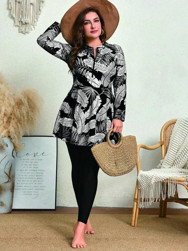 Swim Mulvari Plus Size Women 2 Pieces Random Color Print Long Sleeve Round Neck Zipper Long Modest Slim Fitted One-Piece Backless Bikini Swimsuit For Vacation