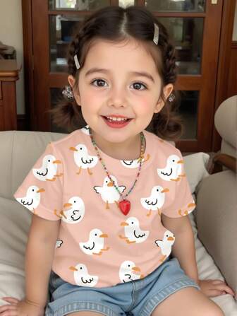 SHEIN Süßes Baby Mädchen Lässig T-Shirt mit Entchen Muster, kurzarm Rundhalsausschnitt, geeignet für den Sommer