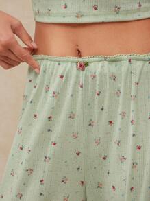 WESTFADE Summer Floral Printed Pointelle Knit Mid Rise Cute Rosette Waist Straight Leg Lounge Pants - Mint Green - View 2