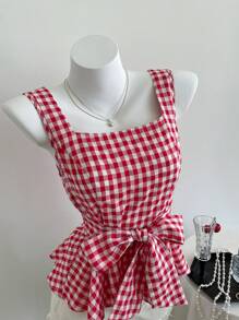 Elamini 甜美风格格子蝴蝶结腰部设计修身背心，女士夏季 - 紅色 - 查看 3