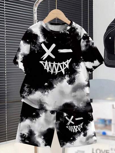 SHEIN 2pcs/Set Teenage Boys Casual Simplistic Tie Dye Retro Print Short Sleeve Crew Neck Outfit, Summer