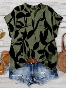 Linhara Camicia a maniche corte con scollo a tacca, stampa a foglie e colore a contrasto, taglie forti