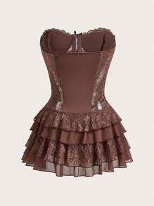 SHEIN ICON 复古分层蕾丝拼布紧身胸衣腰迷你连衣裙 - 咖啡棕 - 查看 2