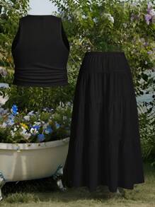 SHEIN EZwear 2pcs/Set Black Sleeveless Tank Dress Plus Size