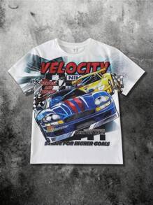 1 Piece Tween Boy Casual Sports College Street White T-Shirt With Graffiti Racing Pattern Suitable For Back To School Boys Suitable For Birthday Parties, Evening Parties, Performances, Weddings, Baptisms, Opening Ceremonies Daily Suitable For Daily Use Suitable For School Suitable For Travel Suitable For Sports Suitable For Spring And Summer Seasons
