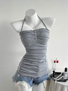 Elamini Women's Halter Neck Casual Minimalist Top, Suitable For Summer - Grey - View 4