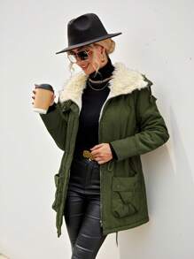 Aveloria Modichic 冬季休闲抽绳腰部撞色毛领夹棉大衣 - 軍綠色 - 查看 7